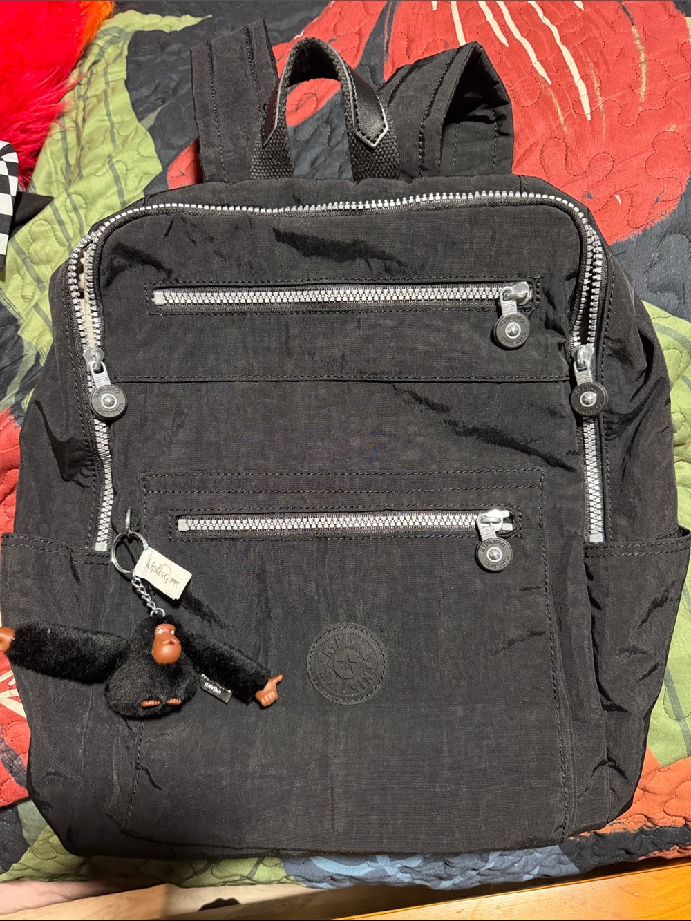 Kipling Black Nylon Backpack with Monkey Keychain new